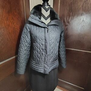 Marmot Quilted Jacket Womens M Insulated Puffer Coat Faux Fur Collar Black Zip